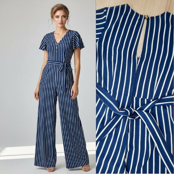 Crystal Doll Pants - Blue striped wide leg jumpsuit - Crystal Doll brand